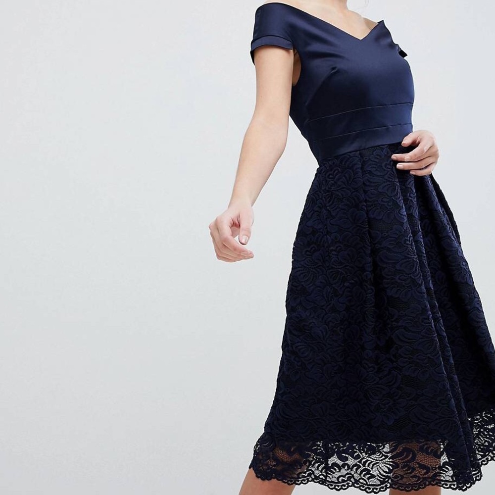 VESPER Navy Blue lined Lace Bardot Skater Dress Sz 12 runs small 8
